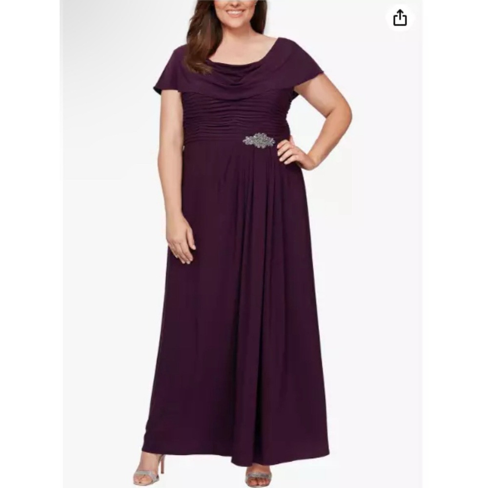 Alex Evenings Cowl Neck Beaded Waist Gown Size 12 Cocktail Formal Eggplant